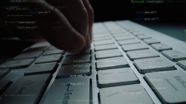 Close-up shot of hands actively typing on a sleek computer keyboard, surrounded by floating lines of code, symbolizing the world of programming in a modern workspace. Xenic