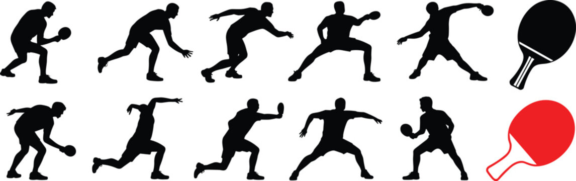 Table tennis player silhouette vector set featuring ping pong athletes in action poses with paddles and racket equipment