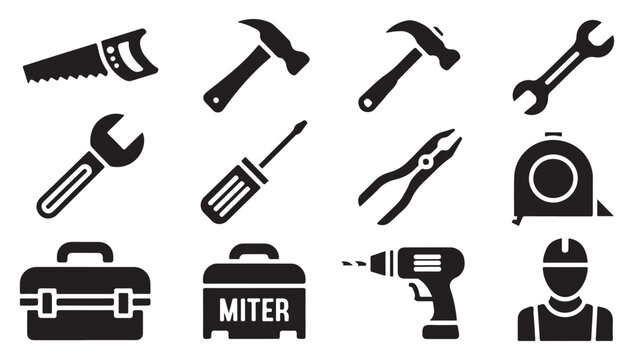 Set of construction tools icons on transparent background for repair and maintenance work.