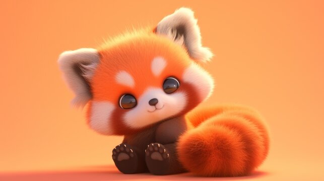 Cute red panda sitting, orange background, 3D render, children's book illustration