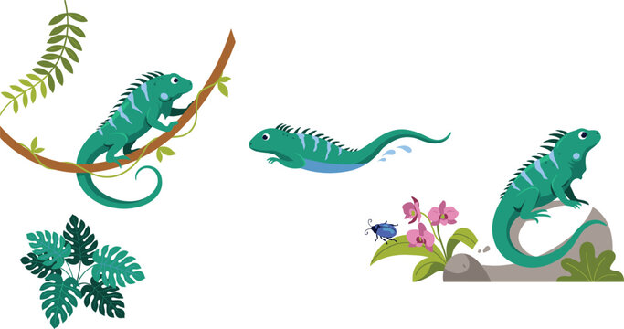 Cute Cartoon Turquoise Iguana Character Vector Set Featuring Green Lizards Climbing Vine, Swimming, and Tropical Jungle Nature Elements