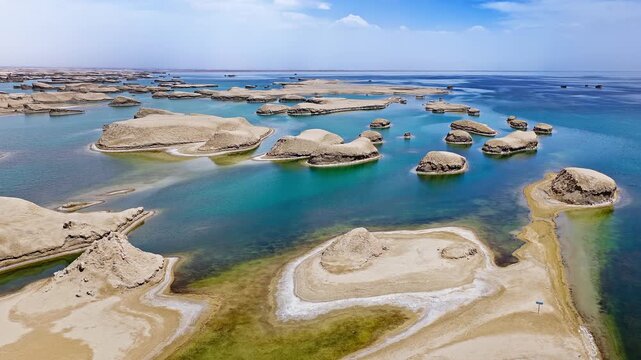 Aerial drone shot of water yardang landforms surrounded by turquoise water in the Qaidam Basin, Qinghai, China
