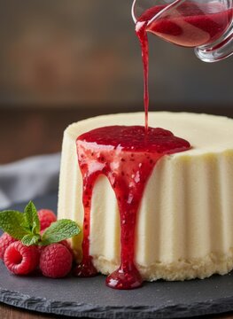 Creamy panna cotta dessert with fresh raspberry sauce pouring and raspberries