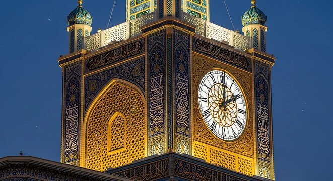 Close up of the makkah royal clock tower at dusk