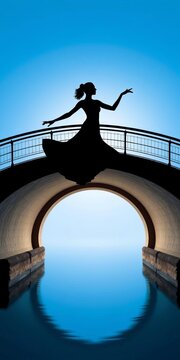 Silhouetted figure in a flowing leotard stands on a curved bridge surrounded by a serene blue background, harmony, balance