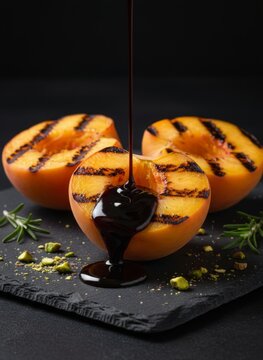 Grilled peaches with dark balsamic glaze drizzle, pistachios, and rosemary