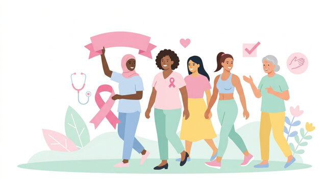 Diverse group of women walking together holding a pink ribbon banner, celebrating breast cancer awareness in a supportive community with pastel colors and delicate floral elements
