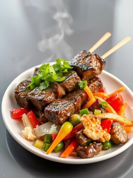 Sizzling beef skewers served with fresh vegetable stir-fry on a white plate, meal, dinner