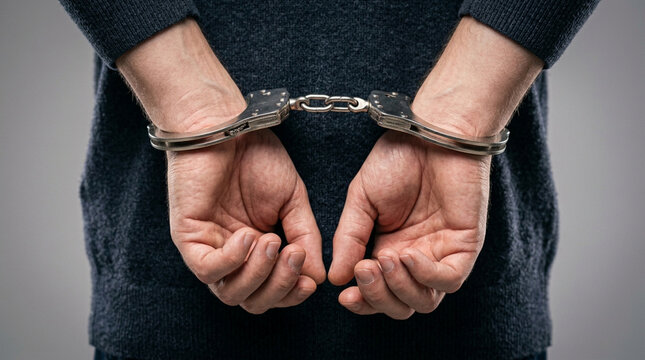 Arrested: Hands cuffed behind back, criminal justice concept, close-up