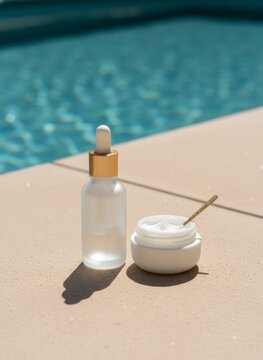 Skincare serum bottle and face cream jar by a swimming pool