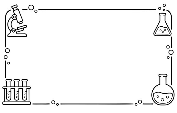 Science laboratory frame border design with hand drawn microscope and chemical flasks on white background