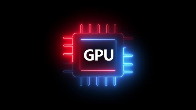 Glowing Neon GPU Processor Chip Icon Animation Loop Graphics Processing Unit Hardware Symbol Isolated on Black Background Motion Graphic