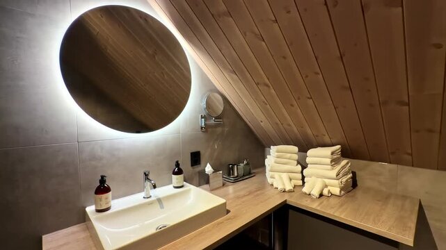 Modern bathroom vanity with stacked towels, round mirror, and wood ceiling detail