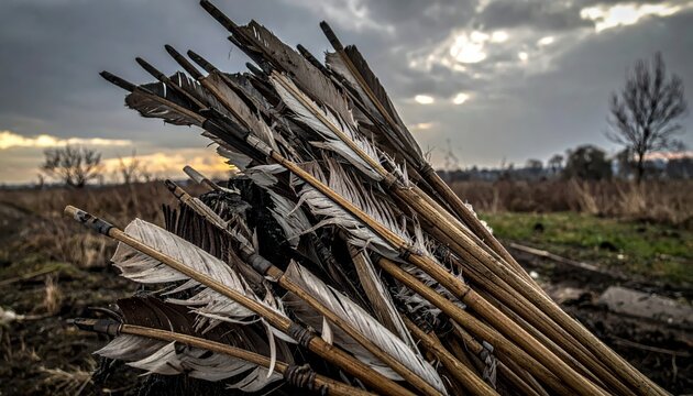 Bundle of vintage arrows with feather fletching in a dry, outdoor landscape during a cloudy sunset
