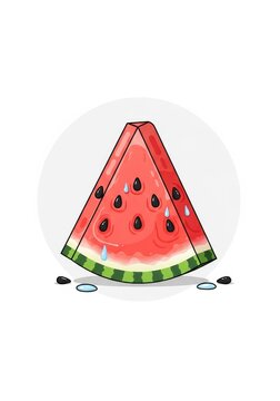 Cartoon Watermelon Slice Vector Illustration with Seeds and Water Droplets on White Background