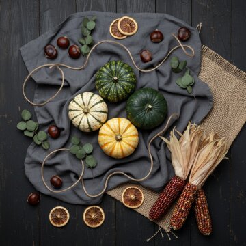 Autumn flat lay composition with pumpkins, corn, and dry decor on a dark wooden background