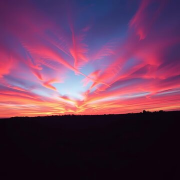 Vibrant hues of orange, pink, and purple dance across the sky as day yields to night, beautiful, landscape