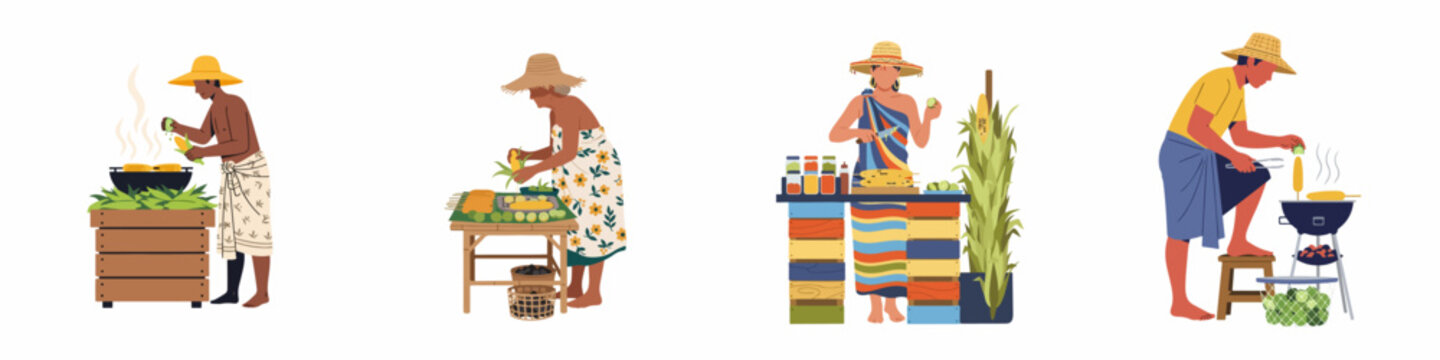 Set of flat vector illustrations featuring diverse people preparing and selling grilled corn on the cob at traditional street food stalls