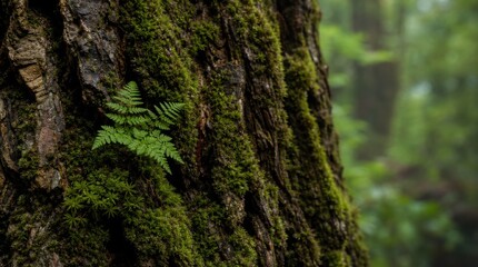 Fototapeta premium A small fern grows on a moss-covered tree trunk in a lush, green forest with blurred foliage in the background.