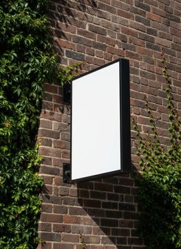 Blank vertical rectangular lightbox mockup on old brick wall with green ivy foliage