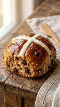 Traditional glazed hot cross bun on rustic wooden table with napkin in natural window light