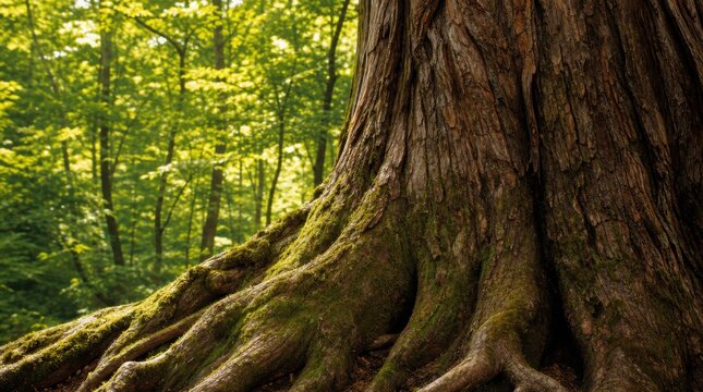 Close-up of a large tree trunk with thick roots covered in moss, surrounded by lush green forest and sunlight filtering through the leaves.