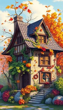 Winding vines adorn intricately illustrated autumn house, leaves, vines