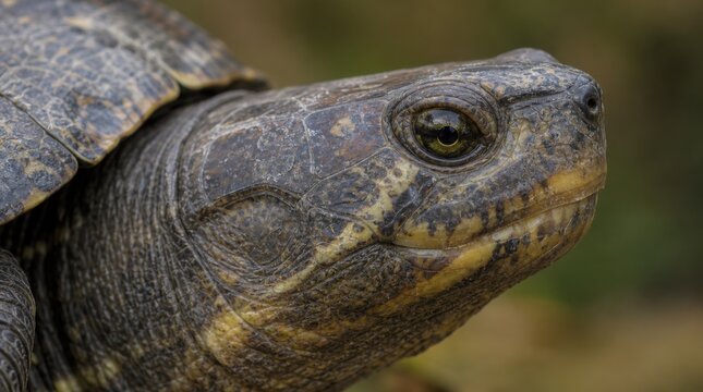 Close-up of a turtle's head showing detailed textures and patterns on its skin and shell with a blurred natural background.