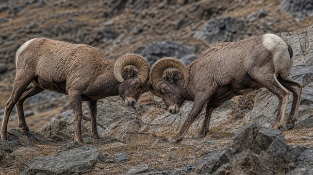 Two bighorn sheep with curled horns butting heads on rocky terrain in a natural, rugged environment.