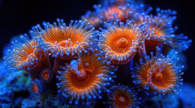Close-up of vibrant orange and blue coral polyps glowing under underwater light with detailed tentacles and textured surfaces.