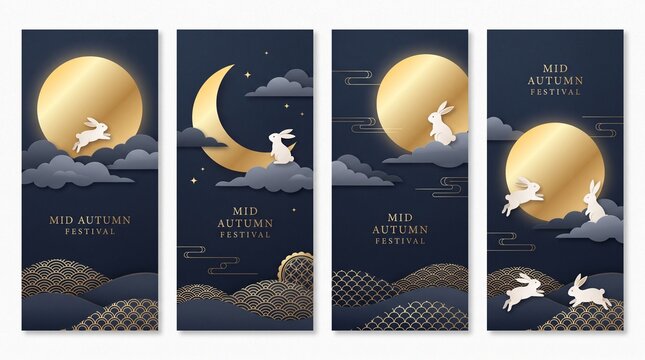 Happy mid autumn festival poster vector set. Wallpaper template with cute rabbit, moon, cloud, pattern on dark background. Illustration design for cover, banner, flyer, card, ads