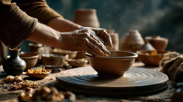 Artisan hands shape clay bowl on pottery wheel crafting handmade ceramic object