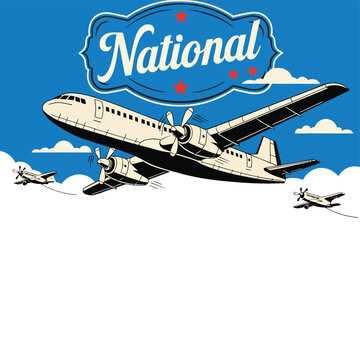 Vintage Airplane Illustration Poster with National Typography and Cloud Copy Space