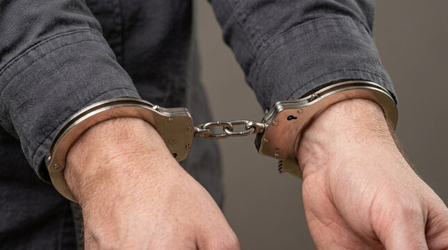 Close up of a person's hands in handcuffs, arrested suspect concept