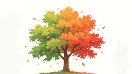 Fototapeta premium Vibrant Autumn Tree with Green, Yellow, and Red Leaves Falling on a Clean White Background