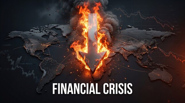 Global economic recession concept featuring a flaming downward arrow over a dark world map with symbolize global financial depicts metallic downward