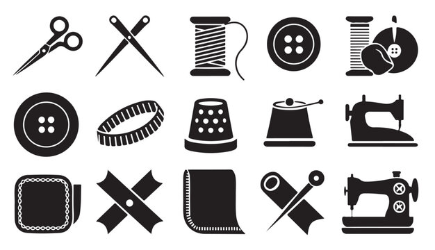 Collection of black vector flat icons depicting various sewing tools and accessories on transparent background.