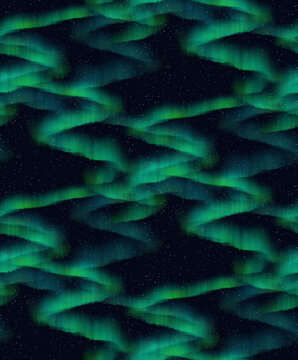 Seamless sophisticated abstract geometric texture featuring mystical wavy layers of emerald green and blue aurora on a dark starry night sky background for modern interior design