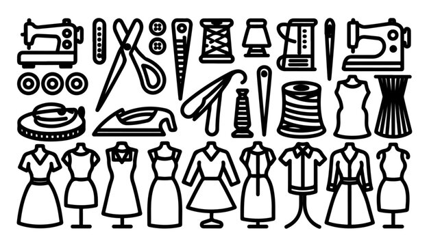 Outline vector set of sewing supplies and tailor workshop equipment for fashion design.