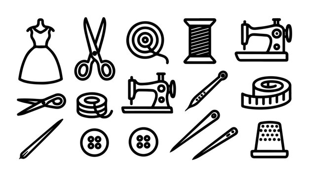 Black and white sewing icons set including scissors buttons and dressmaker sewing tools.