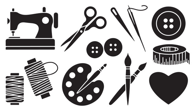 Sewing and art supplies set featuring sewing machine scissors brushes and sewing needles.