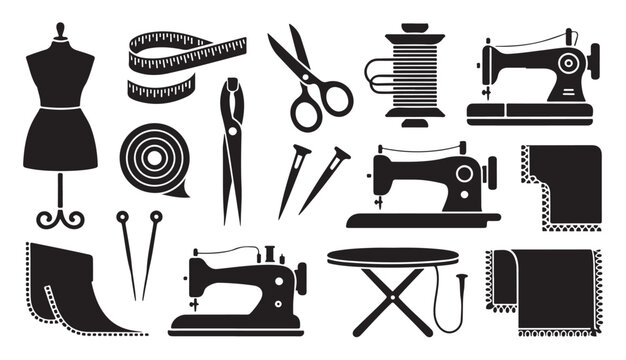 Sewing and dressmaking workshop tools kit with mannequin tape measure and sewing machine.