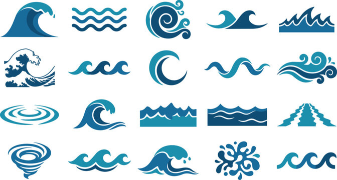 Blue ocean wave vector icon set with various stylized sea curls splashes swirls tsunami ripples nature graphic design elements isolated on white background