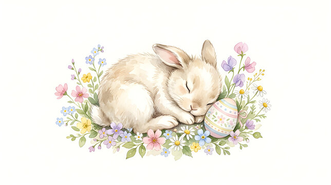 Sweet sleeping Easter bunny curled up with tiny flowers and pastel egg, cozy watercolor style, isolated on white background