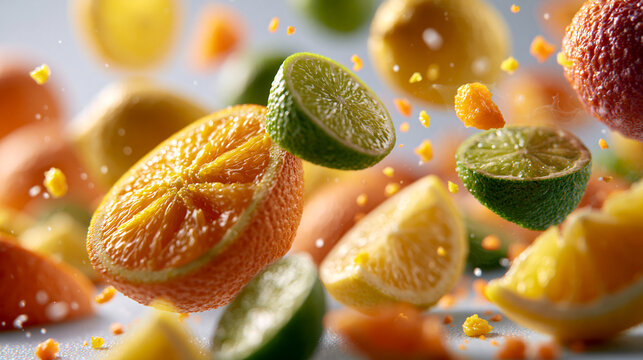 Flying slices of fresh lemon lime and orange with citrus zest and splashes of refreshing liquid