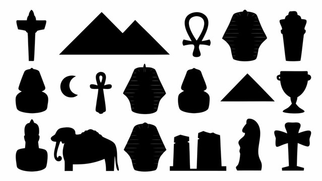 Assorted black silhouettes of ancient egyptian symbols artifacts and monuments on a white background