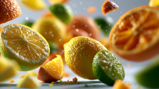 Dynamic falling citrus fruit slices including lemon lime and orange in a refreshing splash
