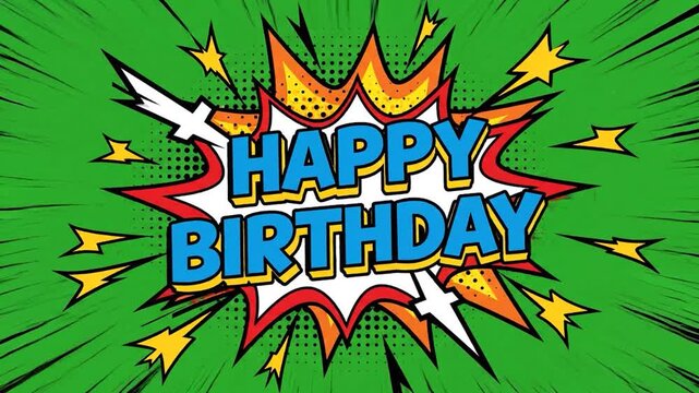 A comic book style explosion bubble features happy text on green