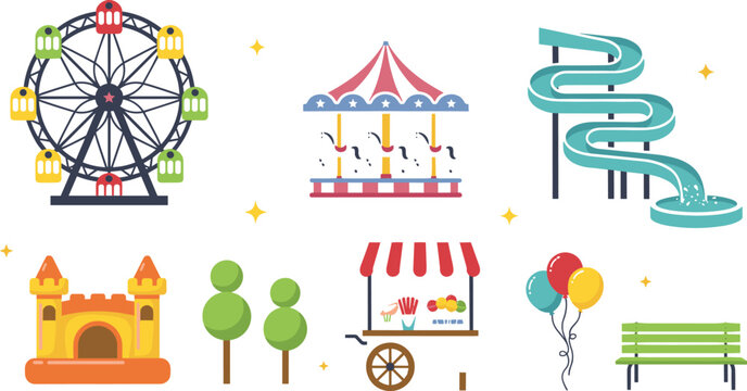 Amusement Park and Carnival Flat Vector Icon Set Featuring Ferris Wheel, Carousel, Water Slide, Bouncy Castle, Food Cart, and Balloons