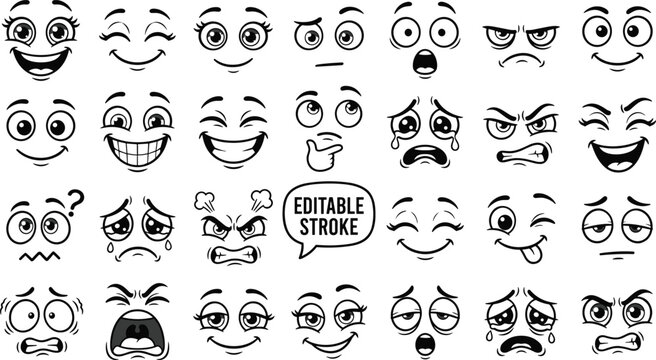 Cartoon character facial expressions and emotions outline icons mega bundle vector set for comics graphic animation projects